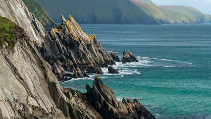 View from along the sea walk road to the dunquin pier in dunquin on the point of the dingle peninsula looking out to the atlantic ocean and the blasket islands- kerry, ireland © mourad habechi