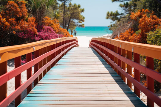 This piece allure of a wooden footbridge that guides individuals to beach, emphasizing its rustic design, pathway it creates to paradise, and excitement and thrill it brings