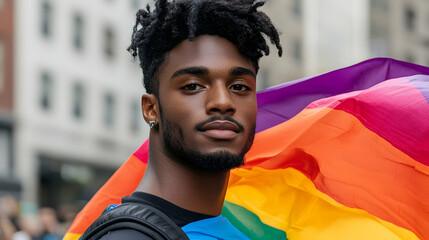 Portrait of a Young African American Man Holding a Rainbow Pride Flag