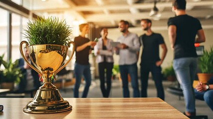 Achievement Celebration: Golden Trophy Symbolizing Success in Collaborative Workspace