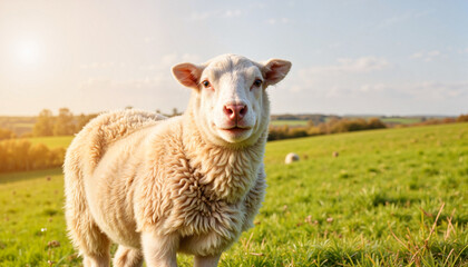 Obraz premium Fluffy sheep grazing in sunny meadow, pastoral serenity