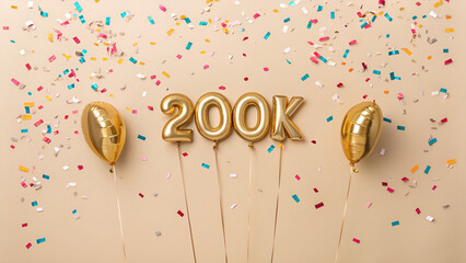 Celebratory arrangement featuring golden balloons spelling out two hundred k with confetti scattered around