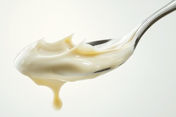 Creamy white substance, possibly yogurt or mayonnaise,  dripping from a spoon.