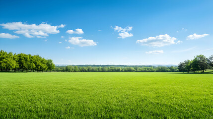 Obraz premium Panoramic View Of Green Field And Trees Under Sunny Sky