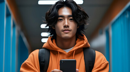 Portrait of a Young Man in an Orange Hoodie Using a Smartphone in a Hallway