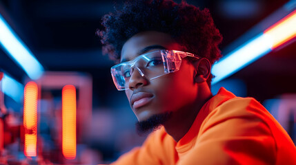 Obraz premium Portrait of a Young Man in Orange Hoodie and Clear Glasses under Neon Lights