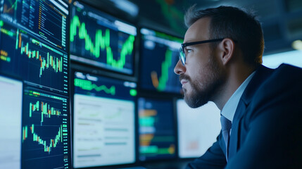 Fototapeta premium Professional Analyst on Trading Floor Evaluating Stock Data