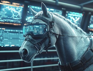 Close-up of a horse wearing high-tech cyber glasses, inside futuristic stables with screens and data