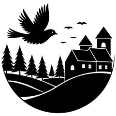 Village sunrise with bird flying silhouette vector illustration 