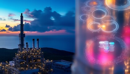 Coastal Refinery for Digital Overlay, Sunset.