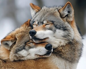 Fototapeta premium Two wolves cuddling in winter. (1)