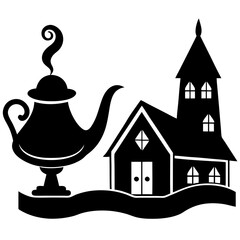 A traditional oil lamp lighting up a village home silhouette vector illustration 