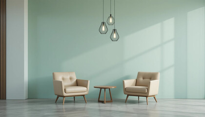 Tranquil reading nook two beige armchairs await in a softly lit modern room with a light green wall and marble floor