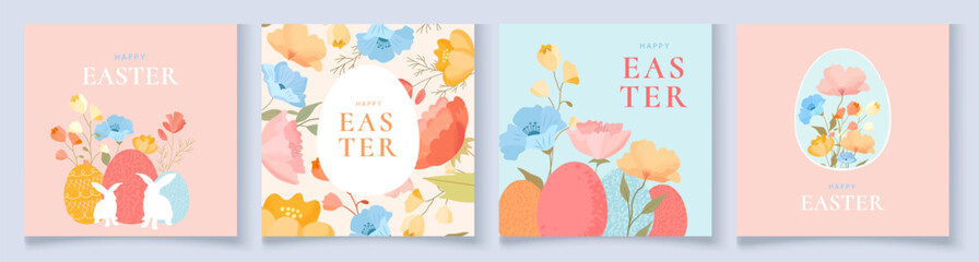 Set of square Easter greeting cards in a fresh, modern style. Soft pastel shades, cute bunny, eggs, and spring flowers. Great for postcards, posters, online ads, and social media graphics.