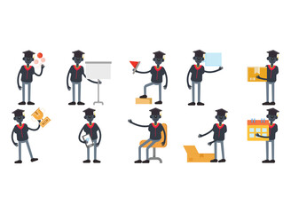 robot student characters in different poses set