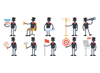 robot student characters in different poses set