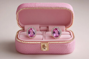 Pink jewelry box with two pink stones on a white lace background.