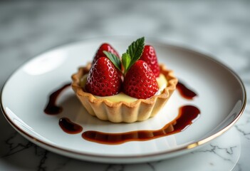 Strawberry tart served elegantly on marble table  