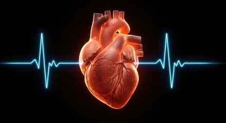 Anatomical heart with a blue ekg line against a dark background in a medical illustration style