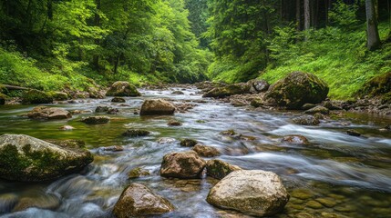 Obraz premium Forest River Flowing Through Rocks, Lush Trees, Nature