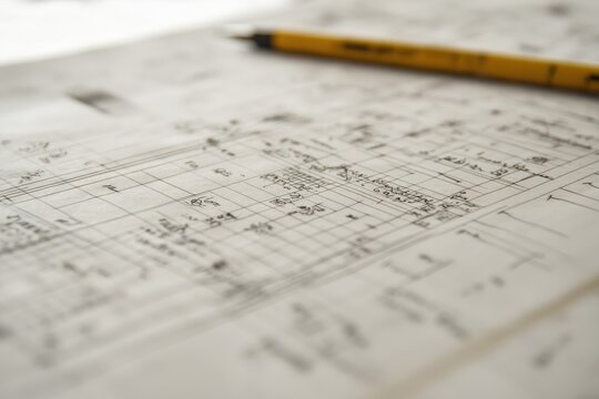 Close-up of detailed architectural blueprints with a yellow pen resting on the paper.