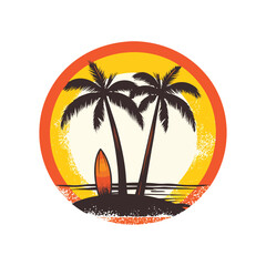 Naklejka premium Summer vacation logo design with plam tree and surfing board vector illustration, Beach logo design Vector