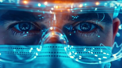Close-up of caucasian male scientist with protective gear and electric blue light effects - Powered by Adobe