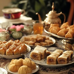 Beautifully Set Table with Eid Sweets like Baklava
