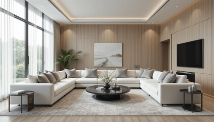 Serene living room invites relaxation with its plush white sectional and bright natural light highlighting soft textures