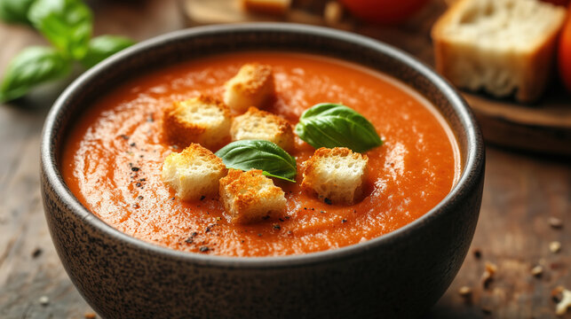 Tomato Soup with Croutons and Fresh Basil