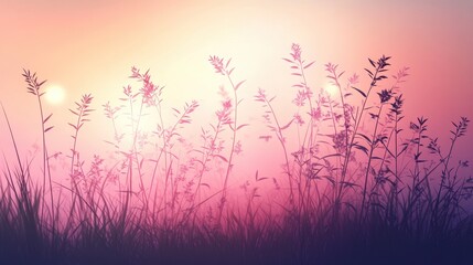 Sunset Wildflowers Meadow with Nature Background, and Pink Sky.