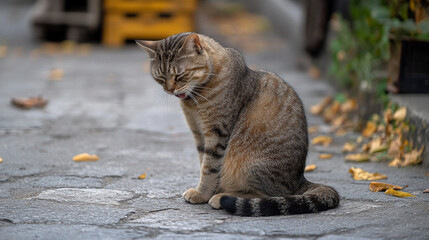 Obraz premium 【Generated by AI】 A Fluffy Cat Grooming on a Cobblestone Street