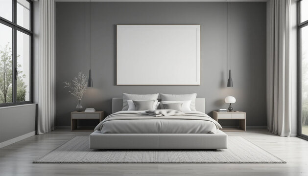 Gentle slumber awaits in a serene bedroom a blank canvas for dreams against a cool gray tone backdrop simple modern design.