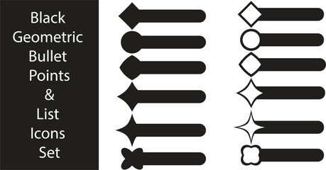 Black Geometric Bullet Points and List Icons Set Vector Illustration for Presentation 