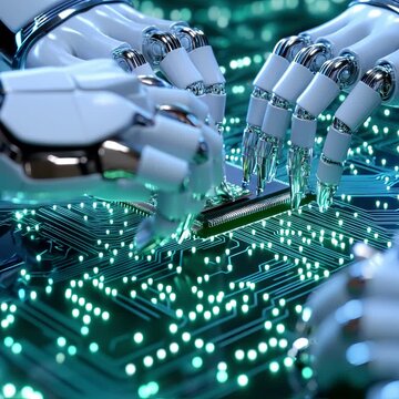 Robotic arms assembling a microchip with precision, highlighting the advanced microchip assembly process in a futuristic factory, with ultra-detailed robotic arms placing a microchip onto a high-tech 