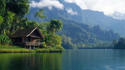 Obraz premium Serene mountain lake cabin nestled in lush rainforest. Tranquil getaway