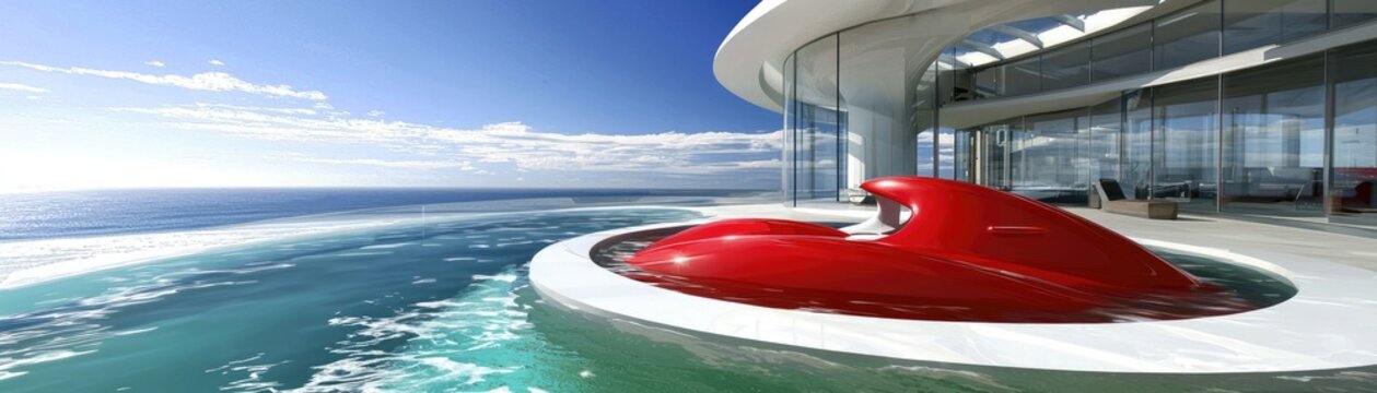 Red mini-submarine in luxury infinity pool with ocean backdrop for travel, lifestyle designs