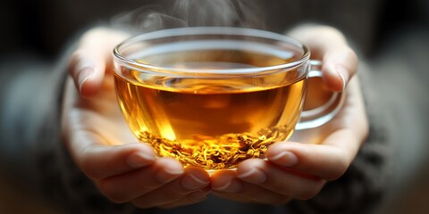 Warm Golden Tea in Glass Cup Hands Cozy Winter Beverage Relaxation hot food life calm drink steam