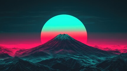 Fototapeta premium Synthwave Mt Fuji with Japan Neon Sunset Landscape.
