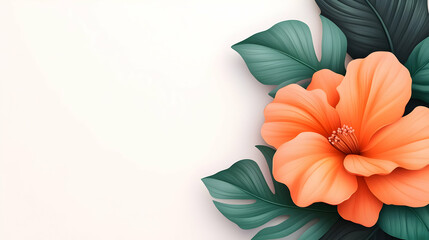 Orange Hibiscus Flower with Tropical Leaves on White Background