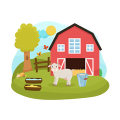 Cute farm animal illustration goat on old hangar background, bucket of milk, kids design