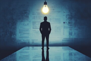 A lone businessman stands illuminated by a single lightbulb against a wall of complex documents, symbolizing the search for solutions amidst overwhelming data.