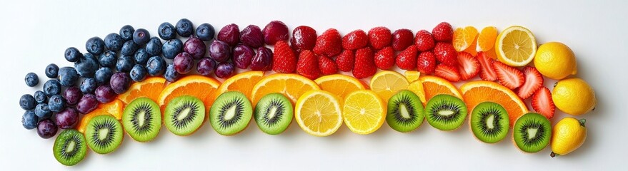 Rainbow Fruit Arrangement Colorful Fresh Berries, Citrus, and Kiwi on White