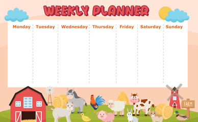 Weekly planner or timetable for school with farm and farm animals. Kids cartoon tamplate for kids 