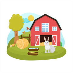 Vector Illustration farm scene and landscape. Farm animal little rabbit with old barn and hay on white background. Cute cartoon childish design