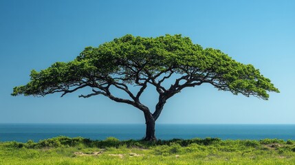 Fototapeta premium Solitary tree on grassy hilltop overlooking calm ocean under clear blue sky.