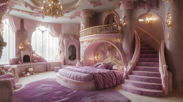 A whimsical princess bedroom, a dreamy escape of lavender hues and golden accents, showcasing a luxurious, ornate bed and a curving staircase leading to a charming loft.