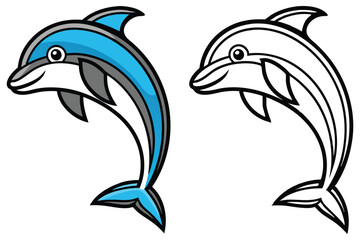 Cartoon Dolphin Illustration Leaping Color and Outline Versions for Kids
