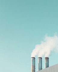 Cinematic view of smokestacks releasing steam into a clear blue sky highlighting pollution concerns