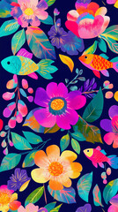 Vibrant tropical floral and fish pattern with bright colors and leafy motifs